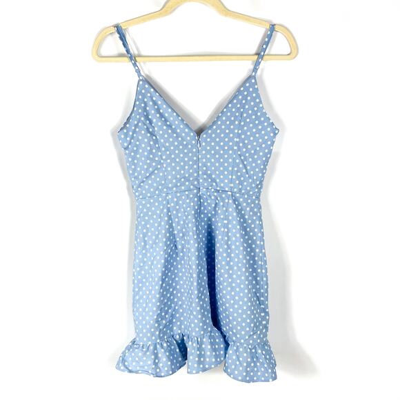 SOLD-More to Come Mayra Ruffle Dress Blue Polka Dot V-Neck Sleeveless Mini Sz XS - Picture 9 of 12